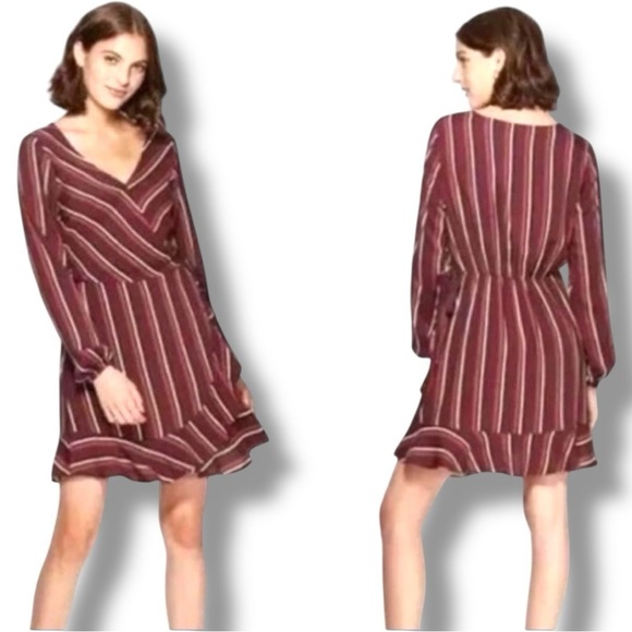 Exhilaration Maroon/Cream Striped Cinch Waist V-Neck Long Sleeve Faux Wrap Dress - Picture 1 of 16